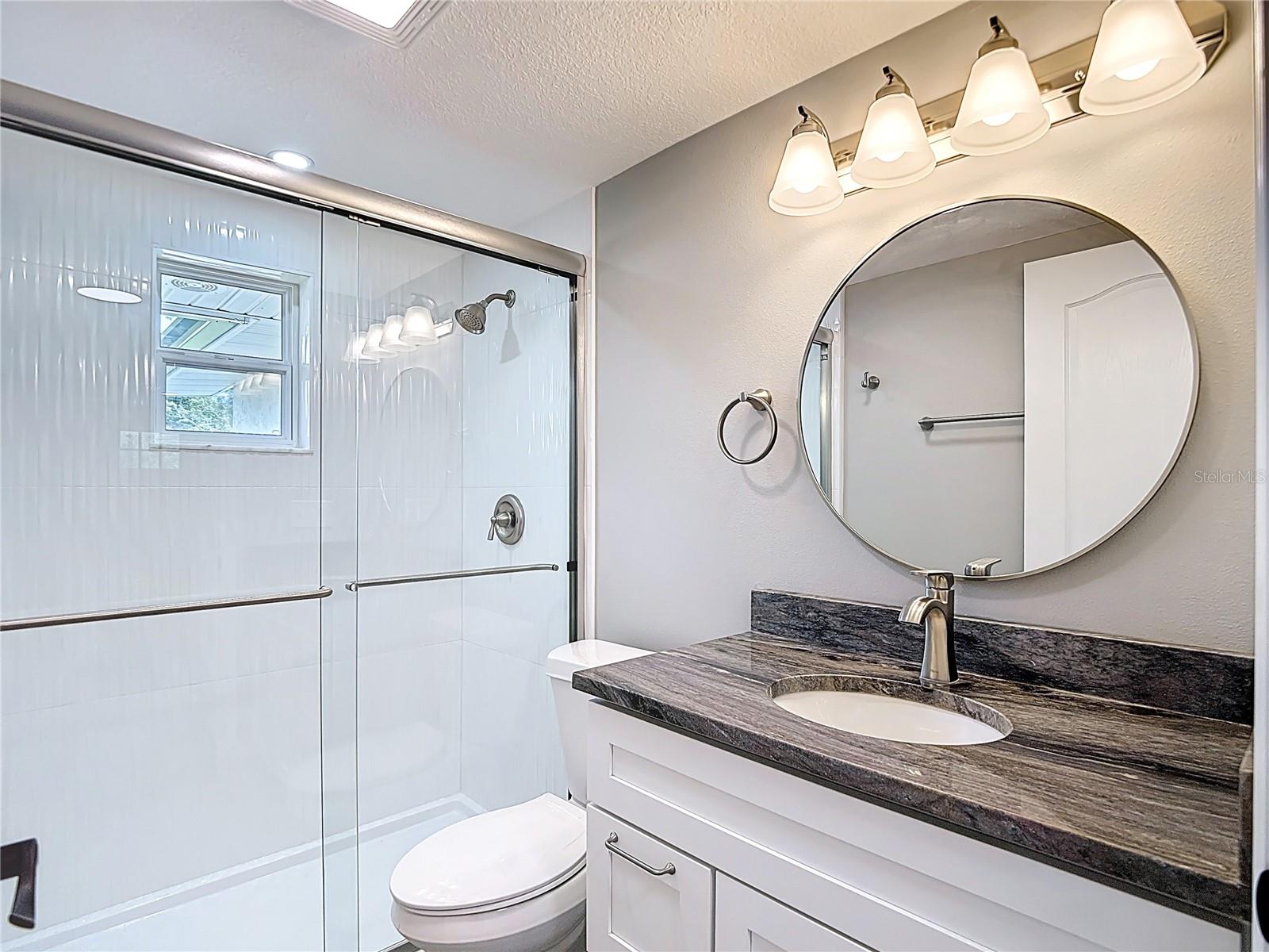 Glass Shower Door and Solid Stone countertop!