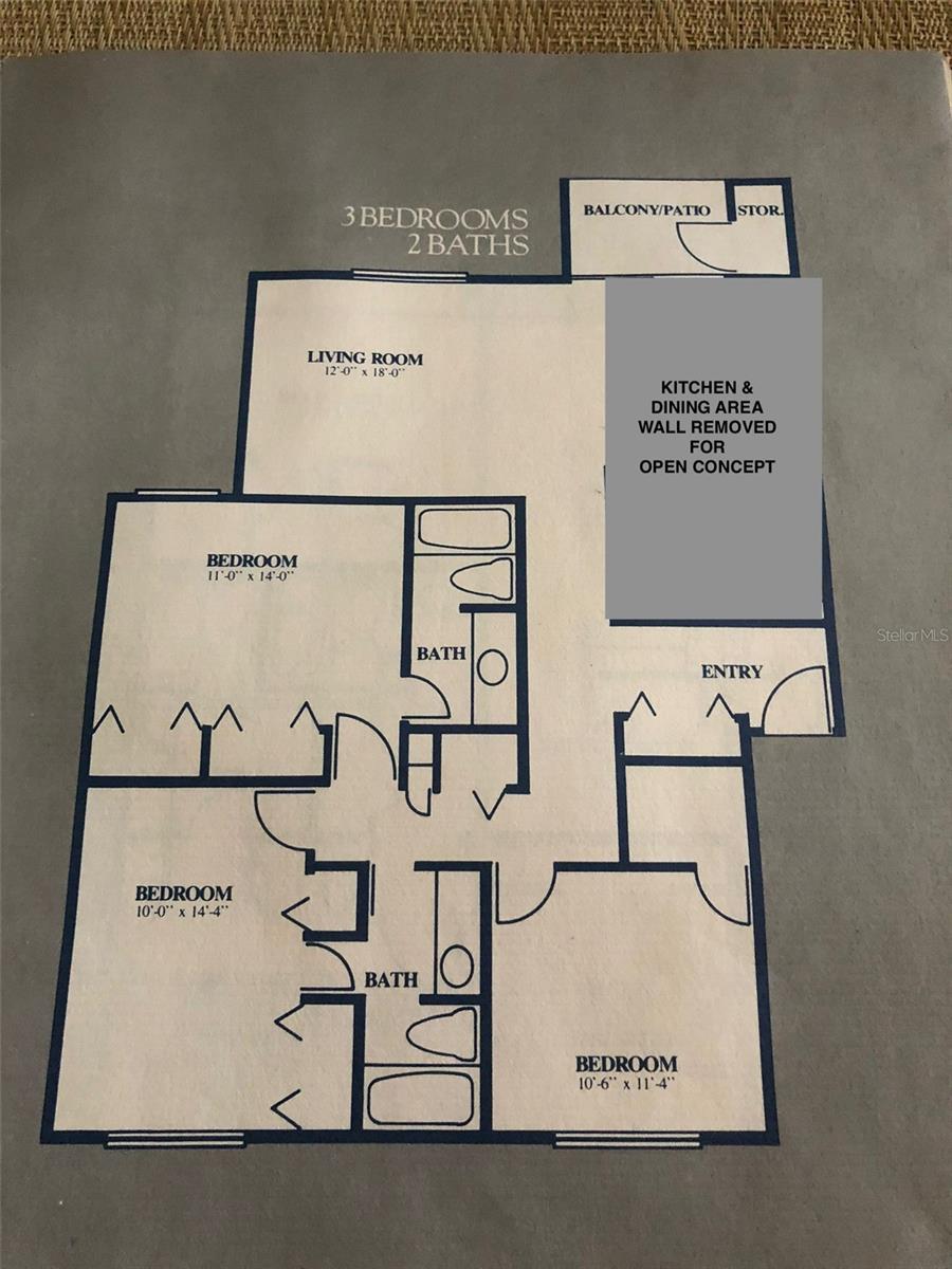 gray shaded area is where wall removed and opened up kitchen