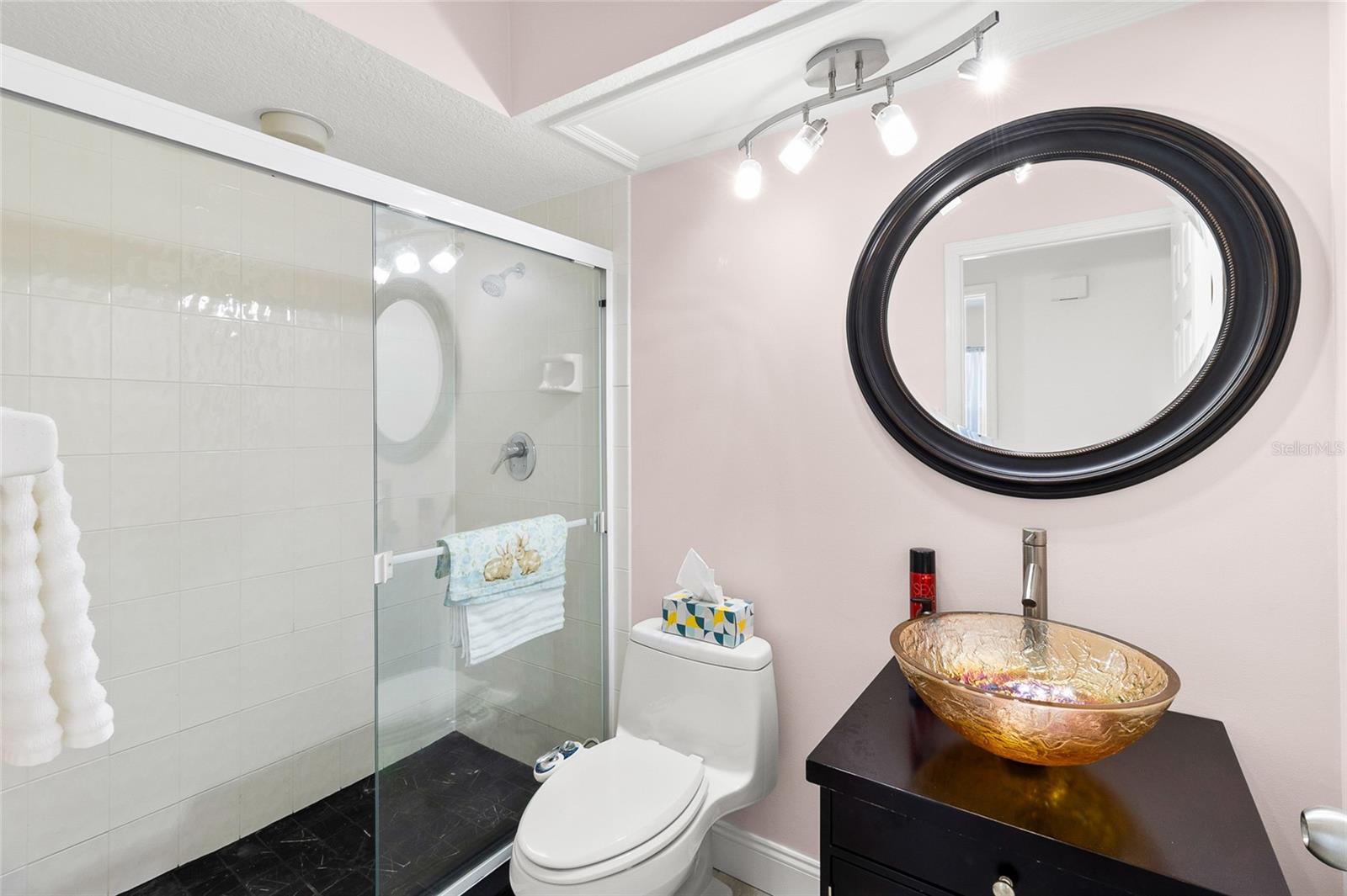 First floor bath with step in shower functions as guest bath, pool bath and bath for fifth bedroom/den.