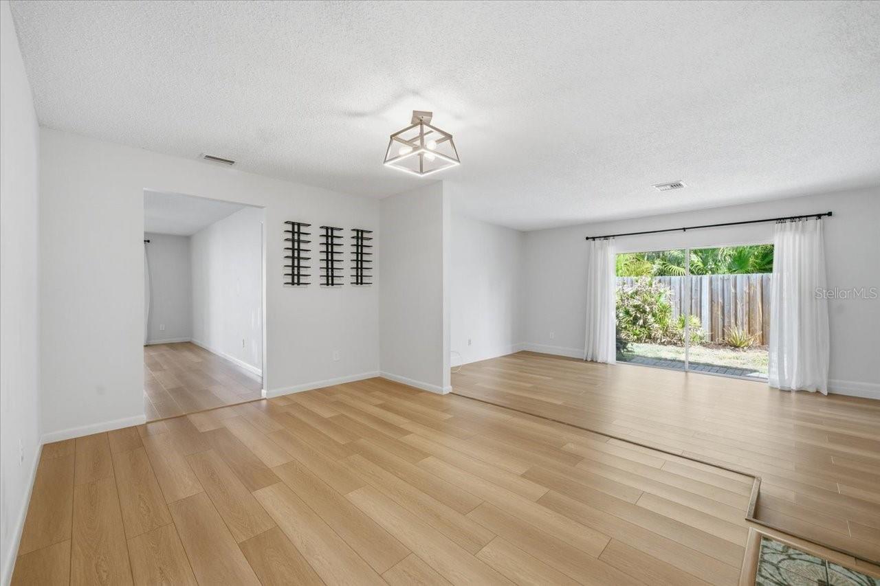Dining room with step down living room