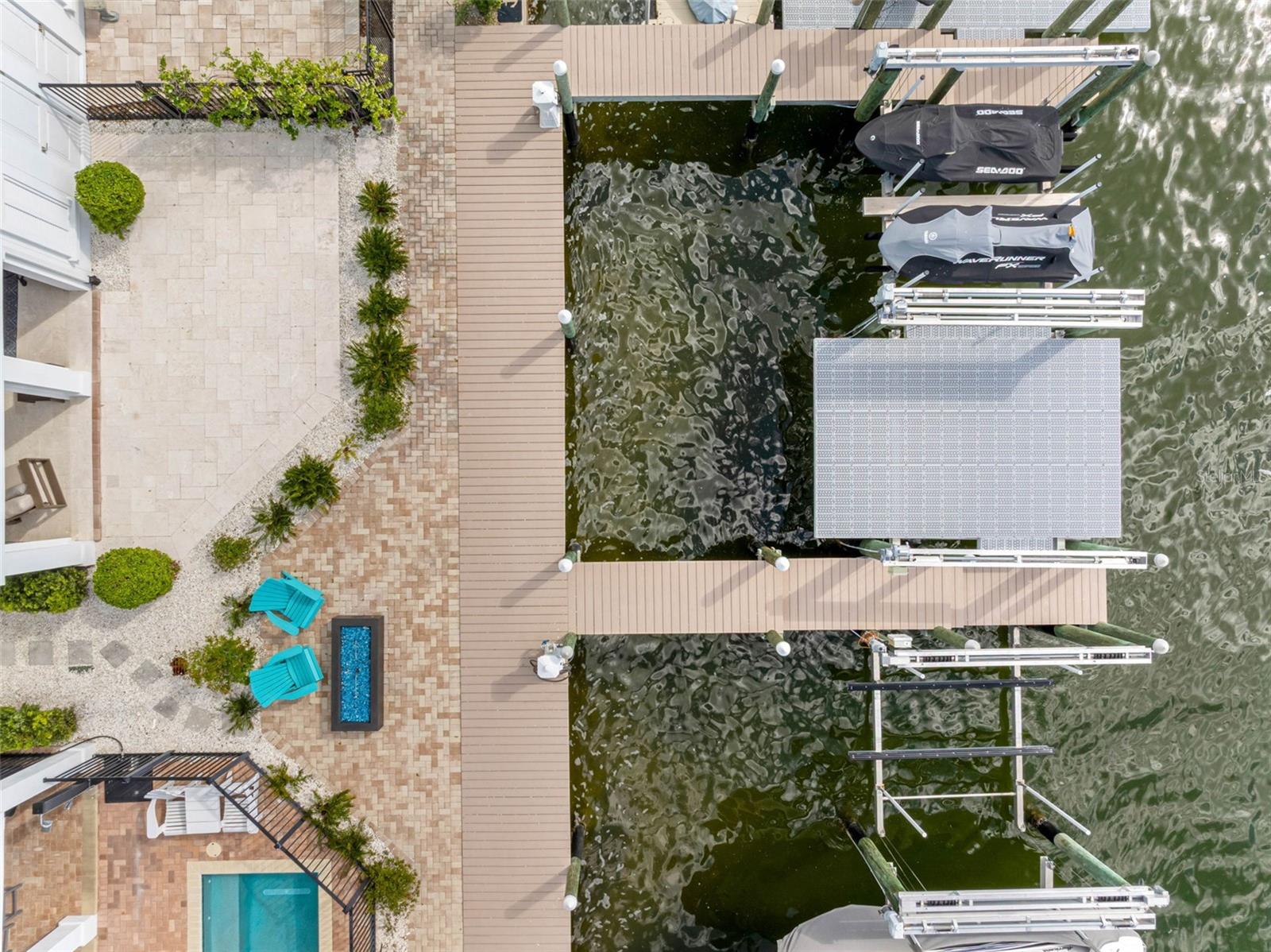 Airel view of the open rear patio and dock