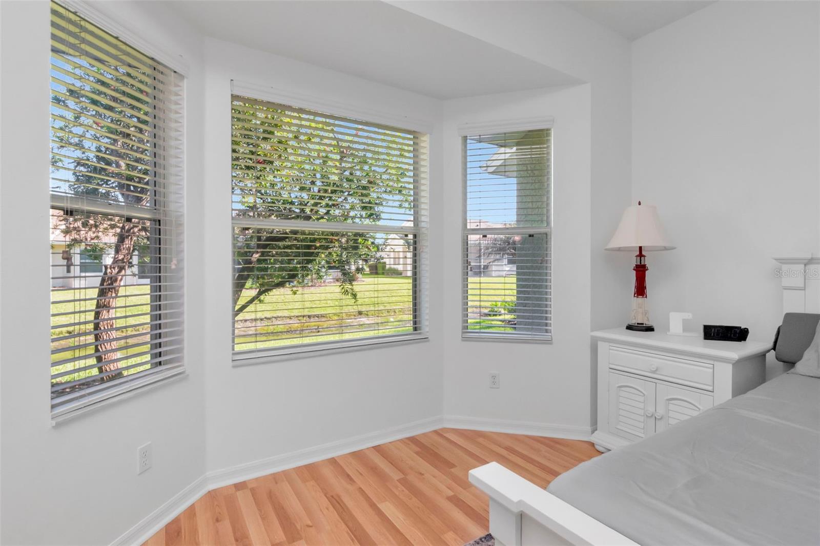 Beautiful bay window views overlooking a tranquil pond