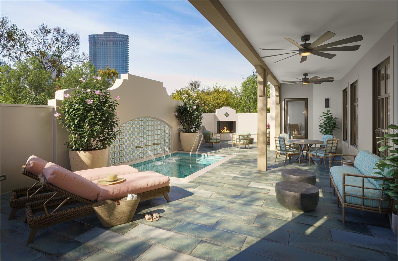 Second floor outdoor amenities offering an outdoor retreat. Plunge pool, covered and sunny lounge area, gas fireplace and more.