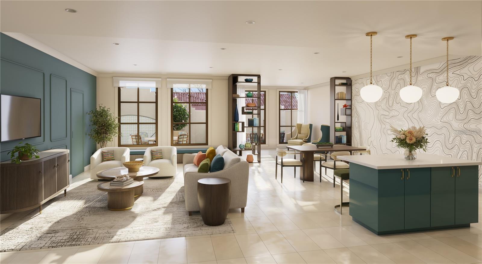 Second floor lounge featuring reading nook, access to the outdoor amenities, warming kitchen and beverage station.