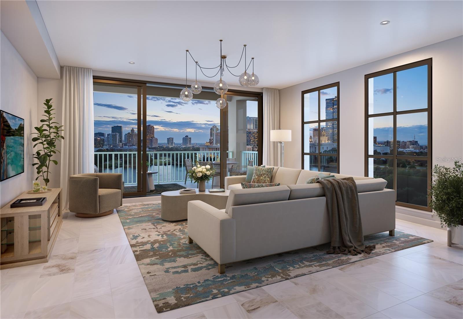View of the great room and terrace from the dining room