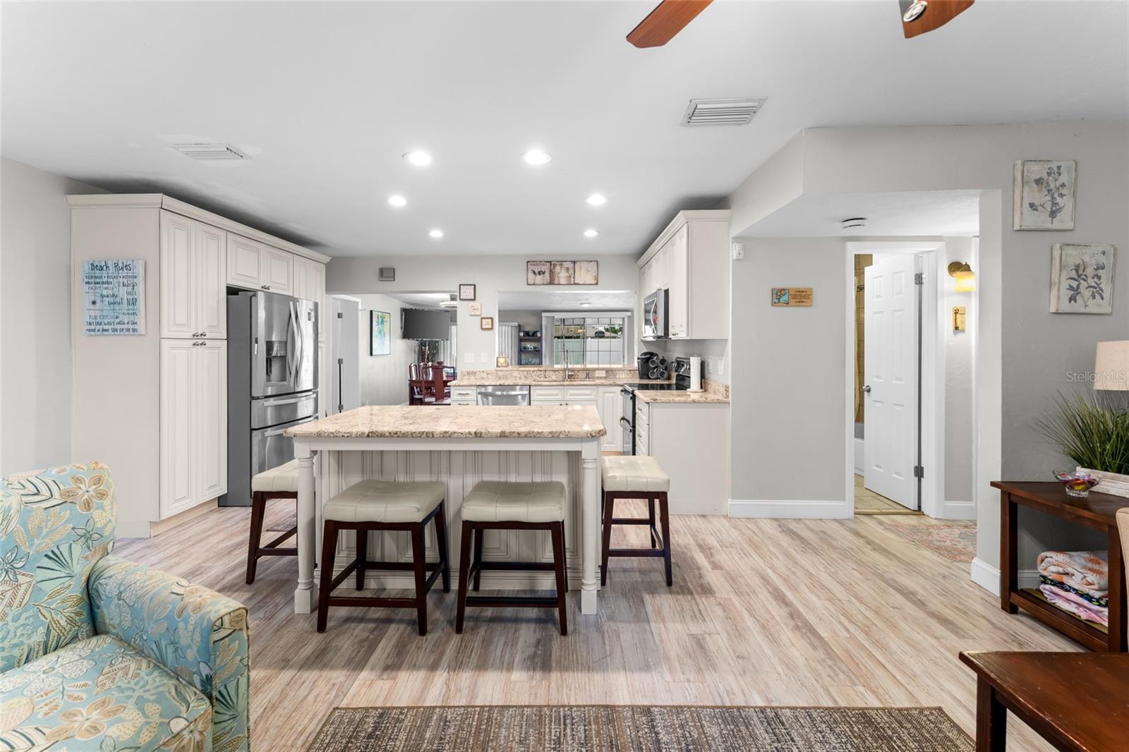 Living area to kitchen island