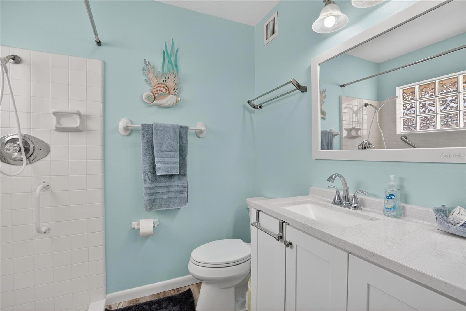 Updated primary bathroom with plantey of storage