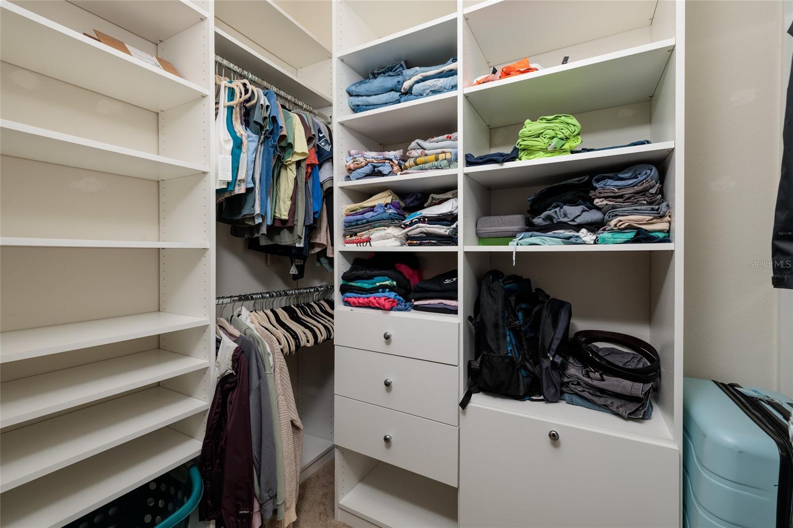 Primary Bedroom walk in closet with organizer shelves and drawers.