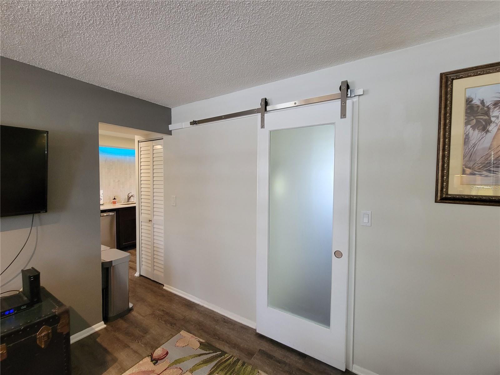 Living room access to kitchen and private bedroom.