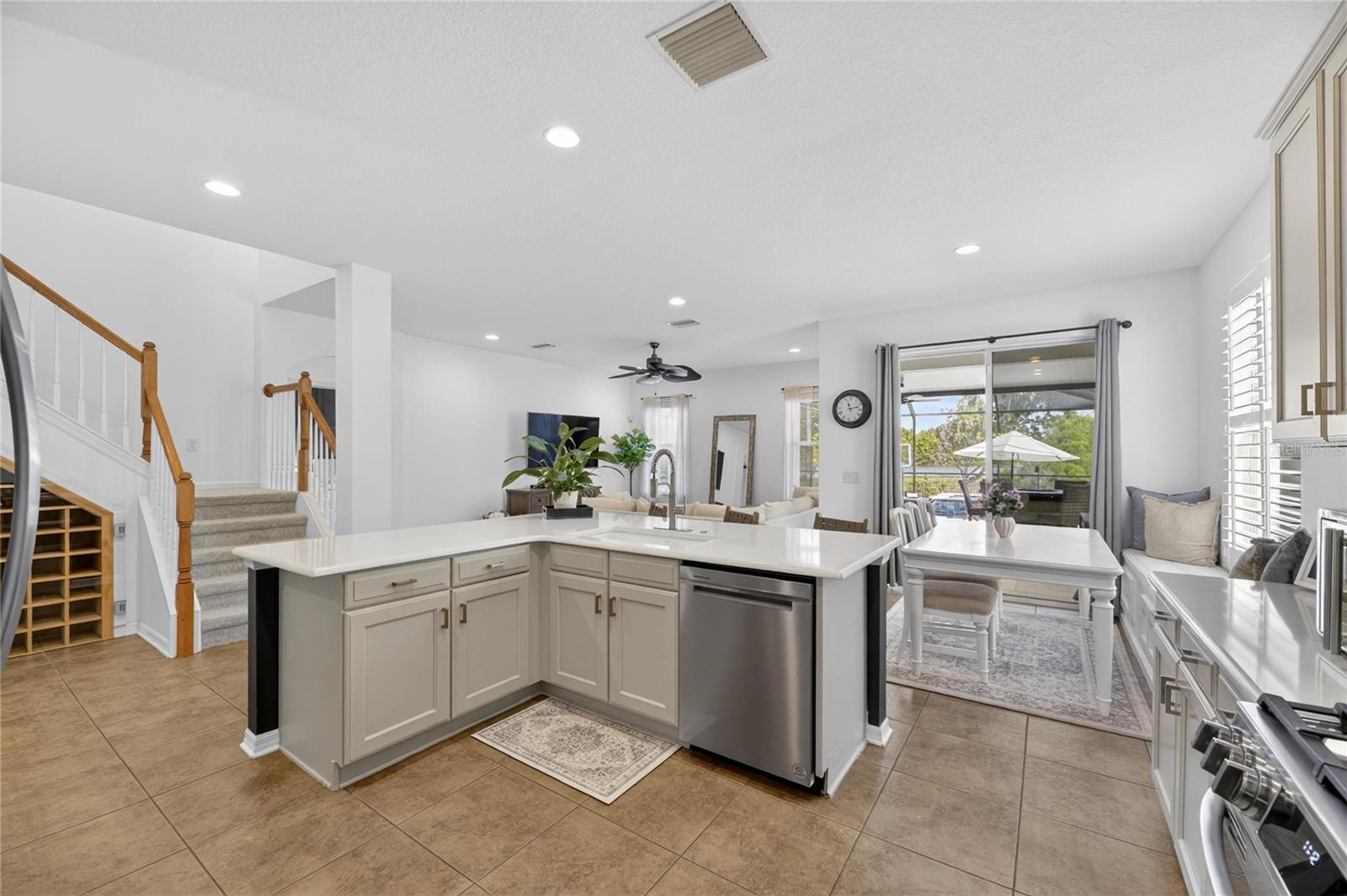 Kitchen has views of the pool and lake