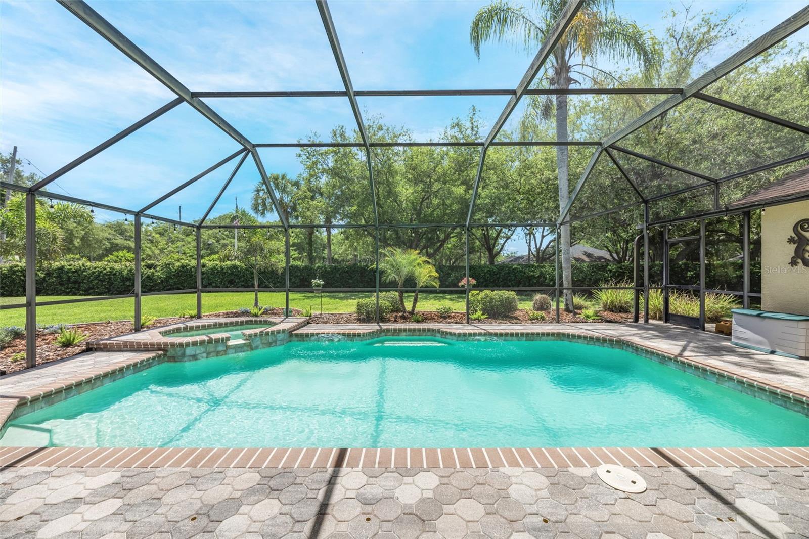 A gorgeous and very private backdrop beyond the screened-in area.