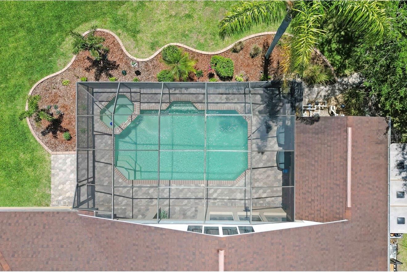 A nice viewpoint of the pool, jacuzzi, and rear landscaping.