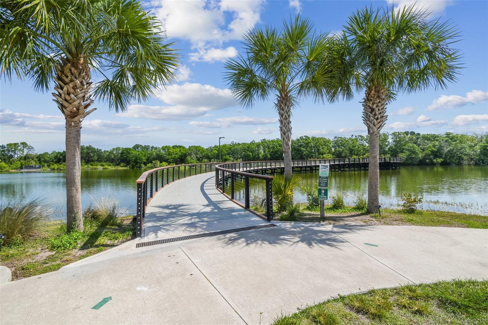 Aerial View Of Lake with Wooden Pedestrian  Bridge