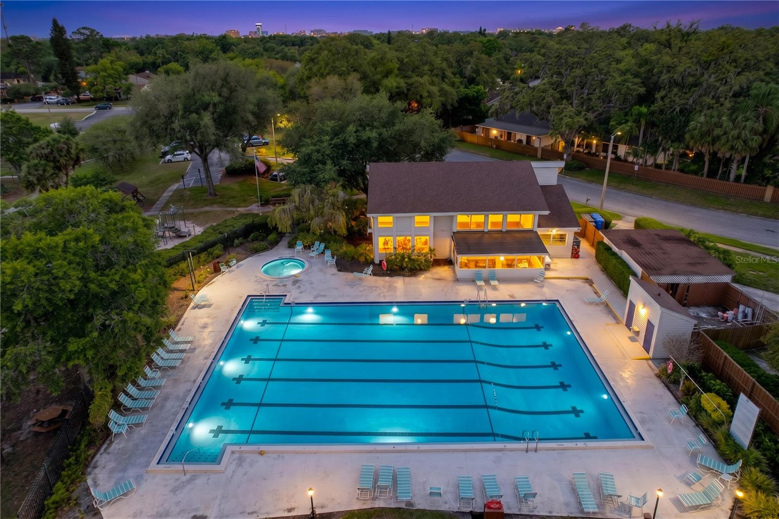 Night View of club house and swimming pool