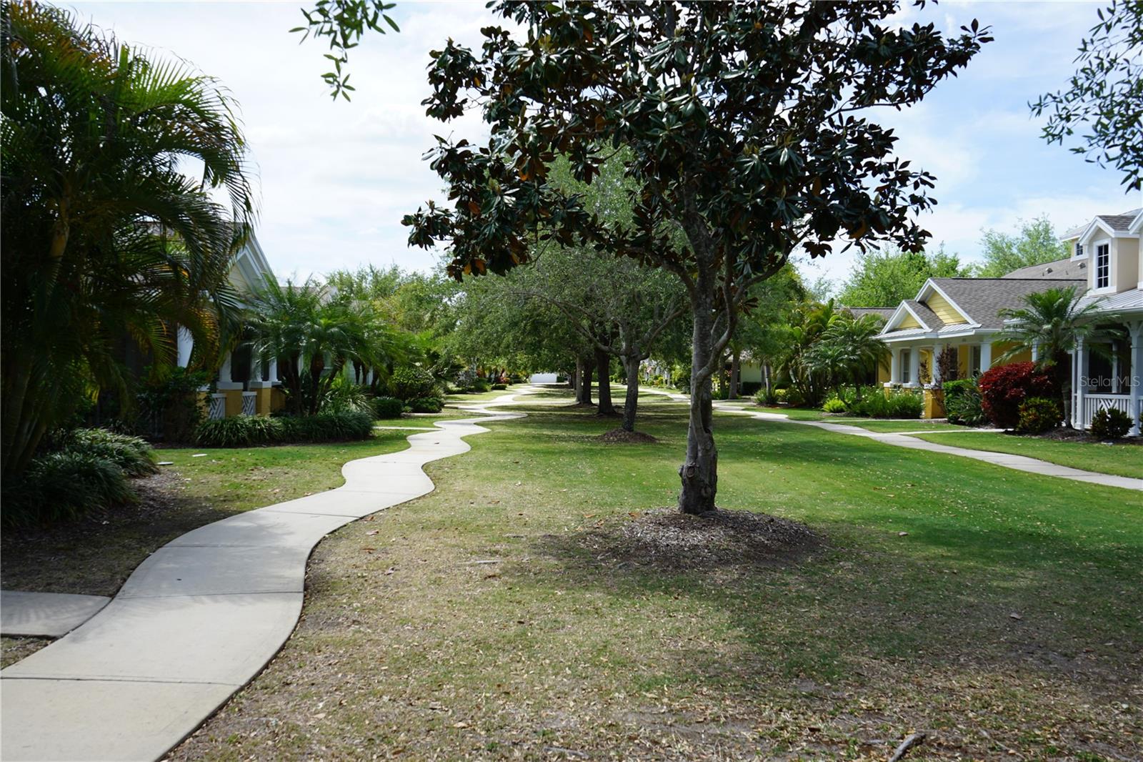sidewalk down the middle of the townhomes