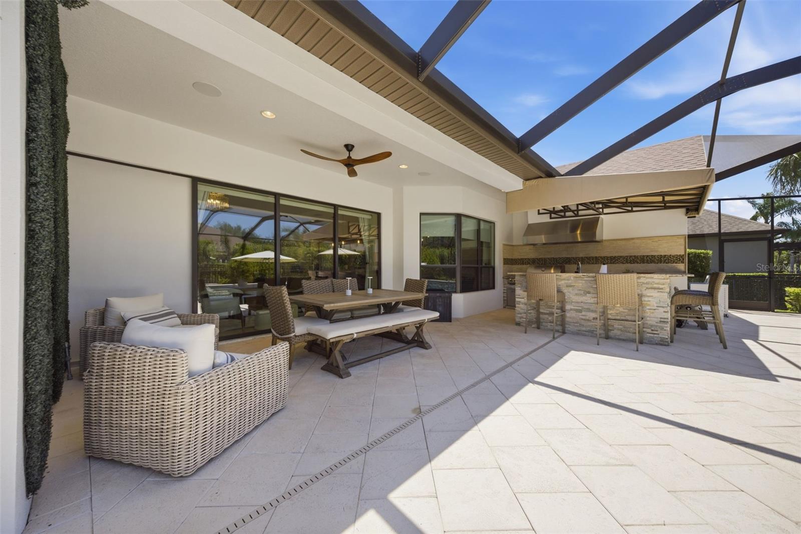 Outdoor covered seating area.