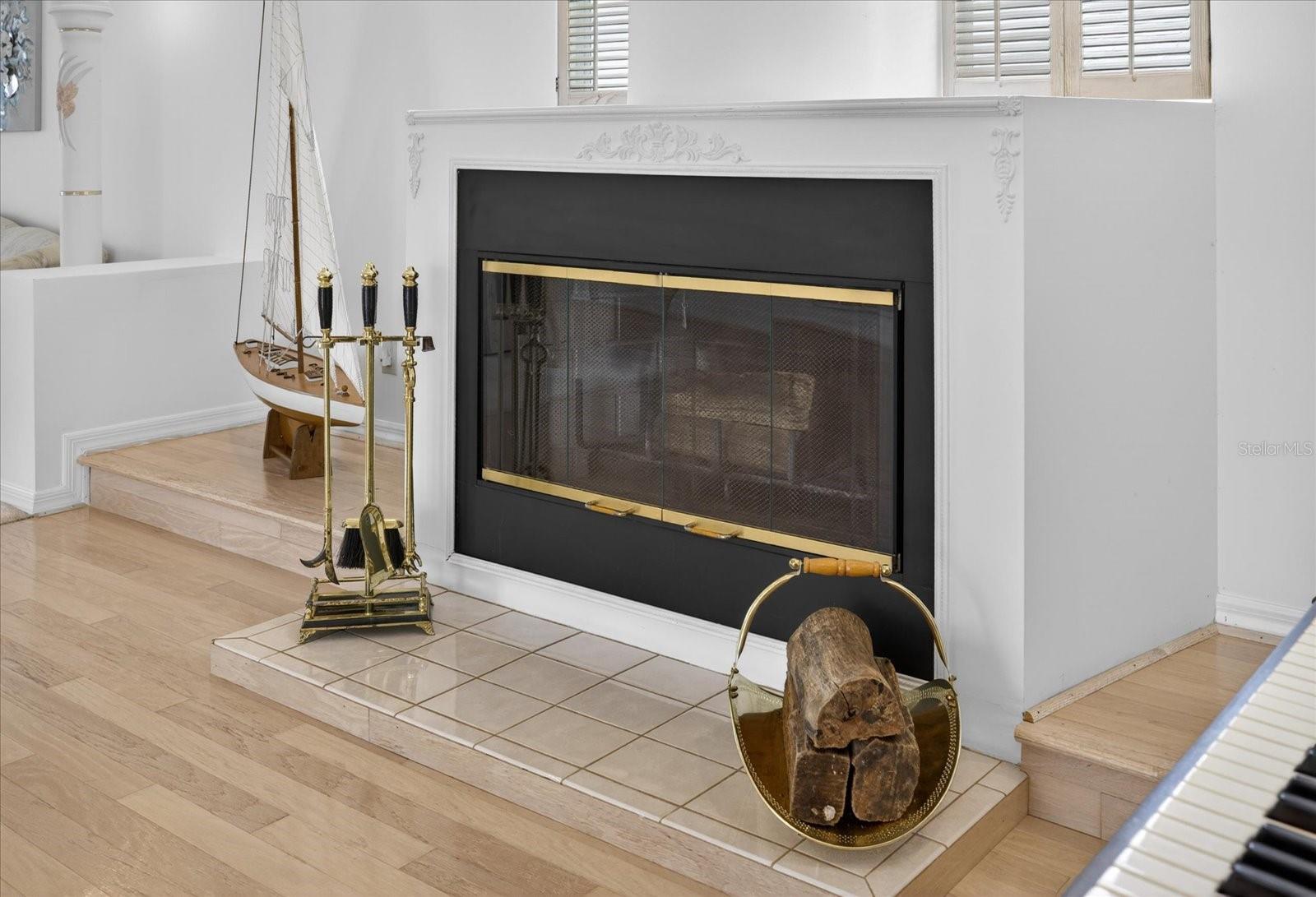 Upper level close up of wood fireplace