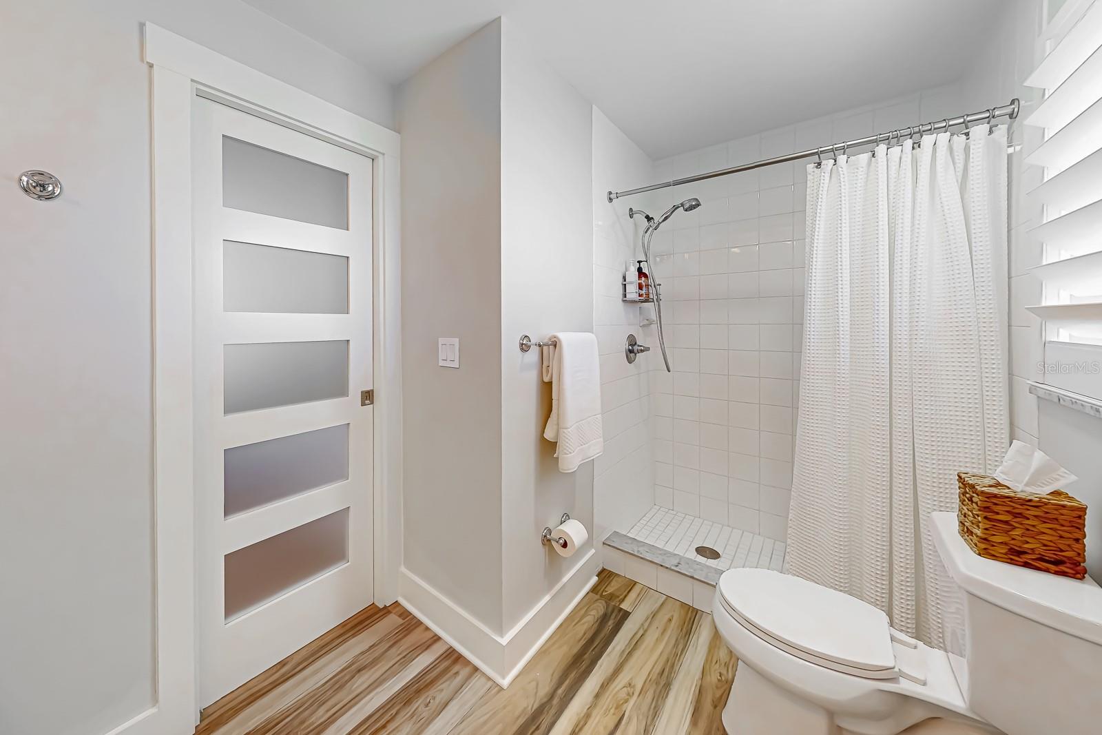 En suite bath, pocket etched glass door