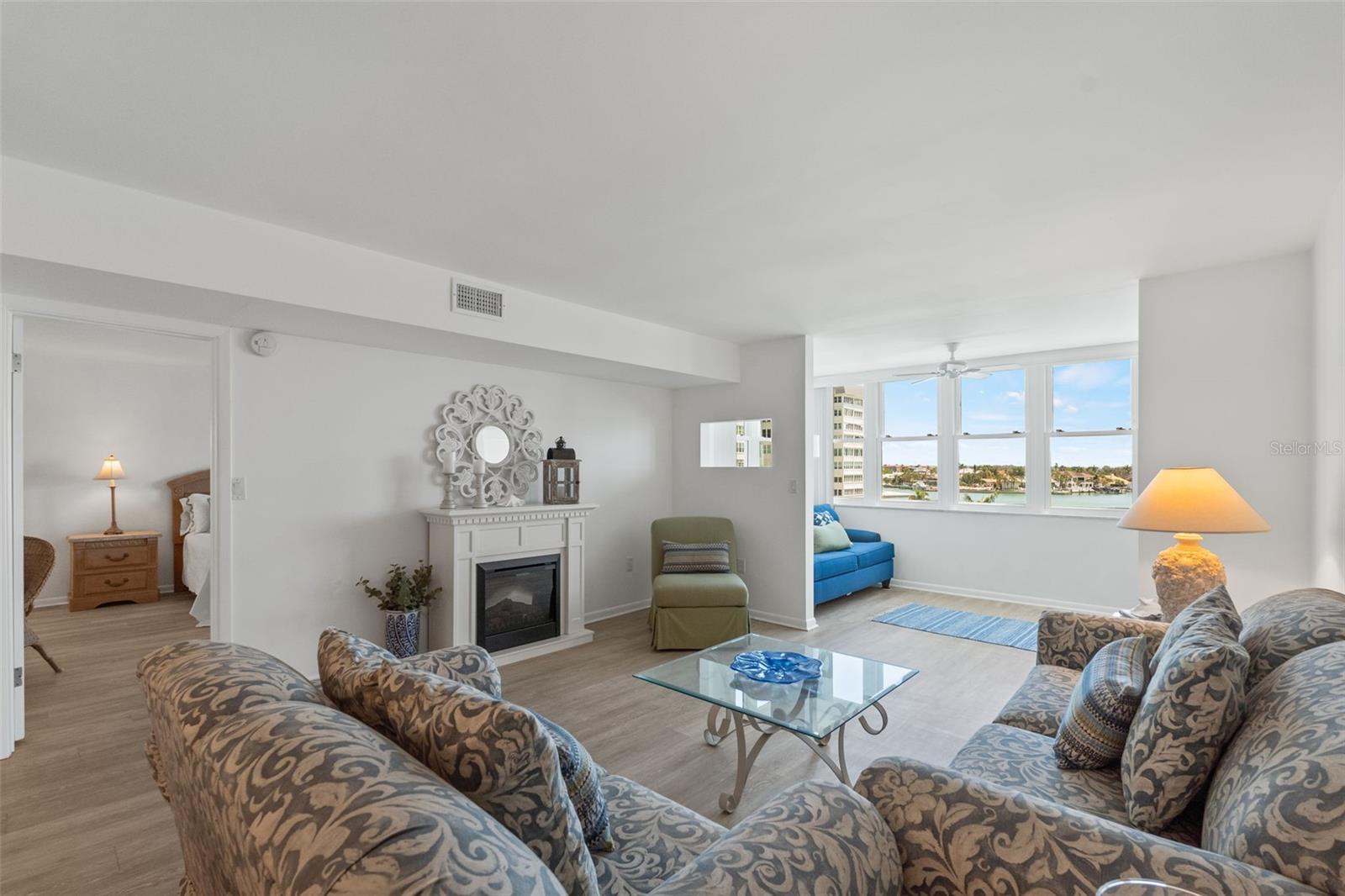 Open Living Room with Electric Fireplace