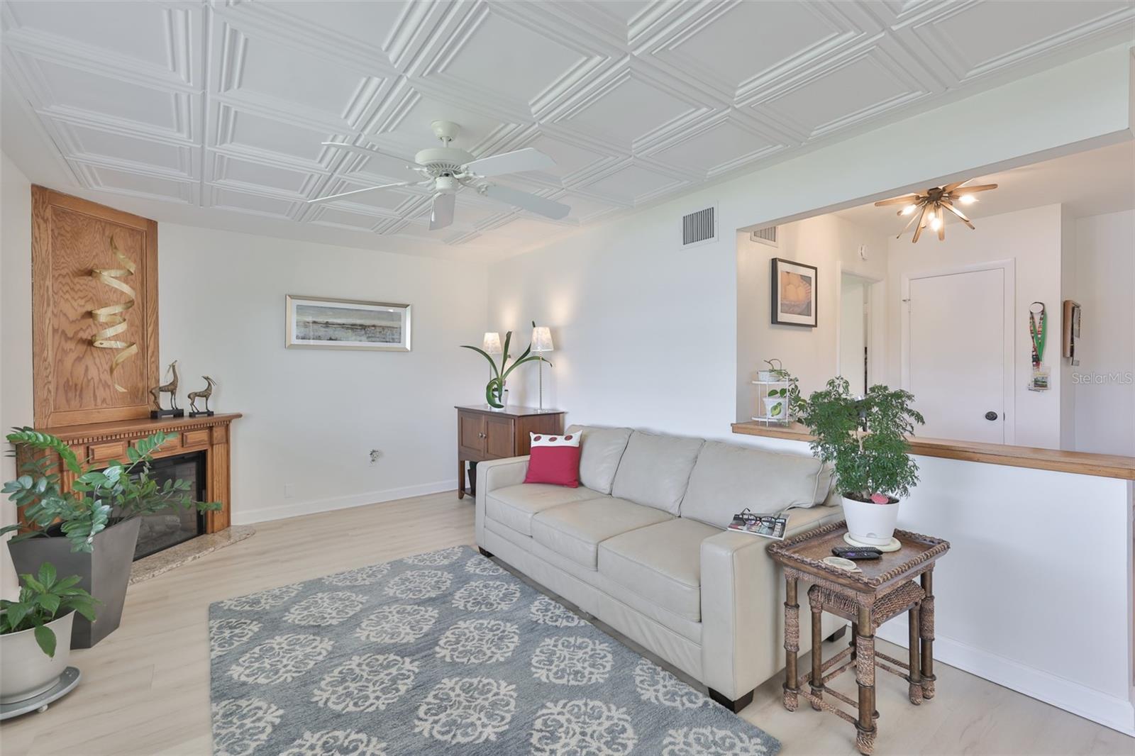 Great Room Off of Kitchen, Classic elegance Coffered Ceiling & Electric Fireplace