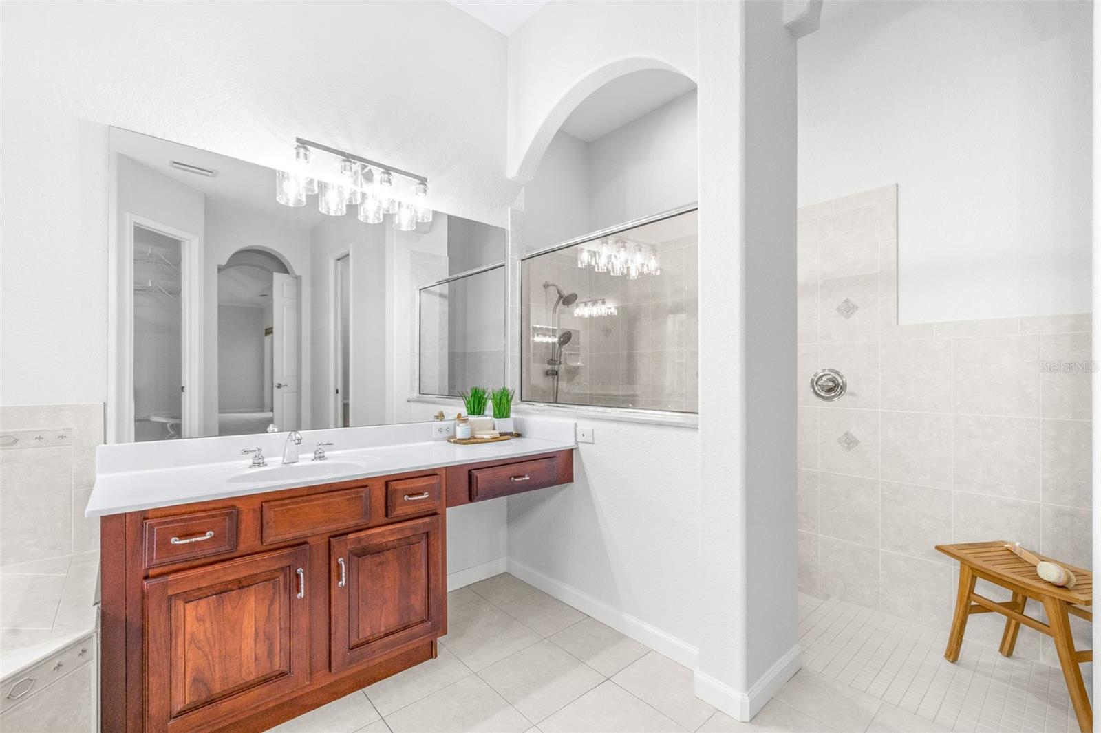 Luxurious primary bathroom with oversized walk-in shower and elegant finishes