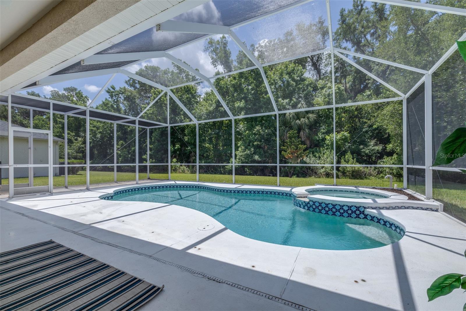 Expansive outdoor living space with private pool and large screened lanai