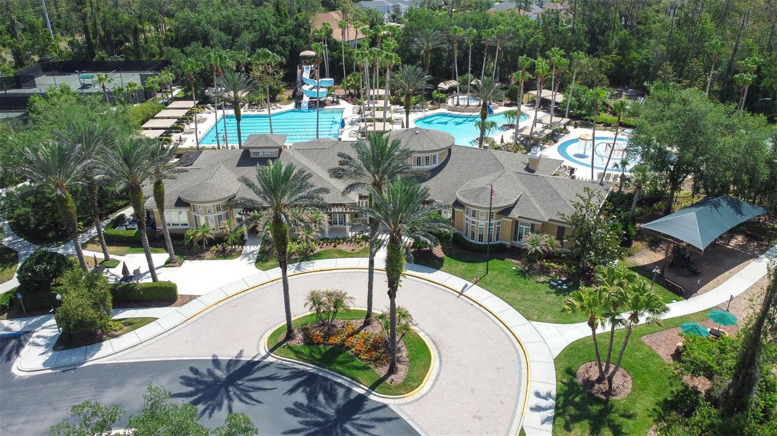 Aerial view of the impressive Seven Oaks clubhouse and resort-style amenities