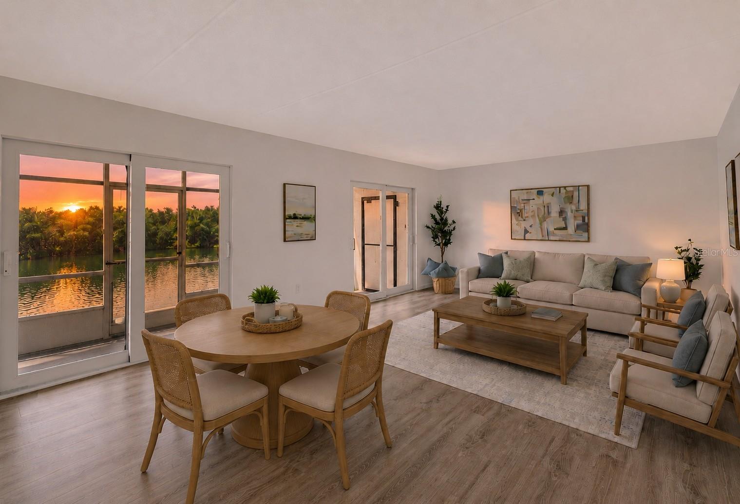 Living room / Dining area combo with waterfront