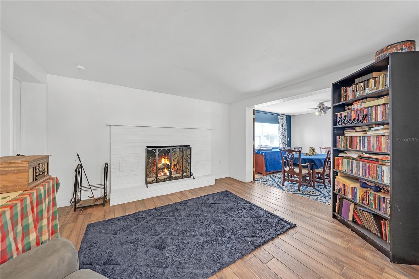 wood burning fireplace in bonus room