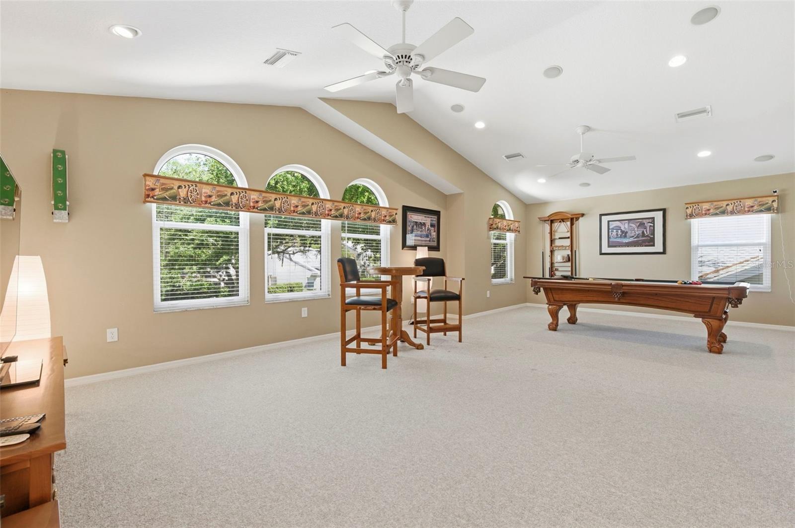 Expansive bonus room designed for entertaining and relaxation, featuring soaring ceilings, abundant natural light, and ample space for a game room, media lounge, or private retreat. Complete with a pool table and room for additional seating or activities, this versatile space is perfect for hosting, unwinding, or creating the ultimate entertainment zone.