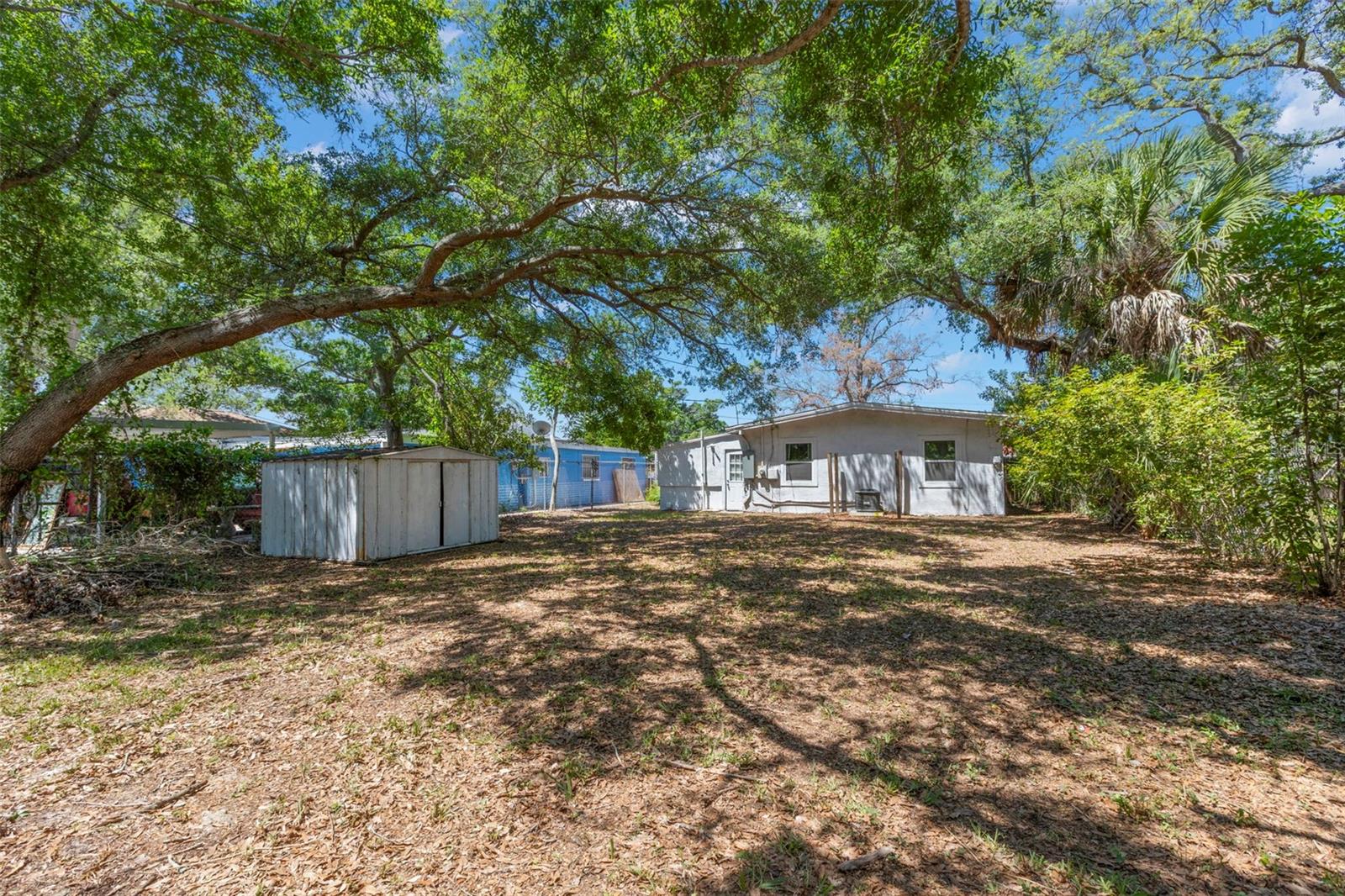 Storage shed provides added convenience for tools, equipment, or hobby space.