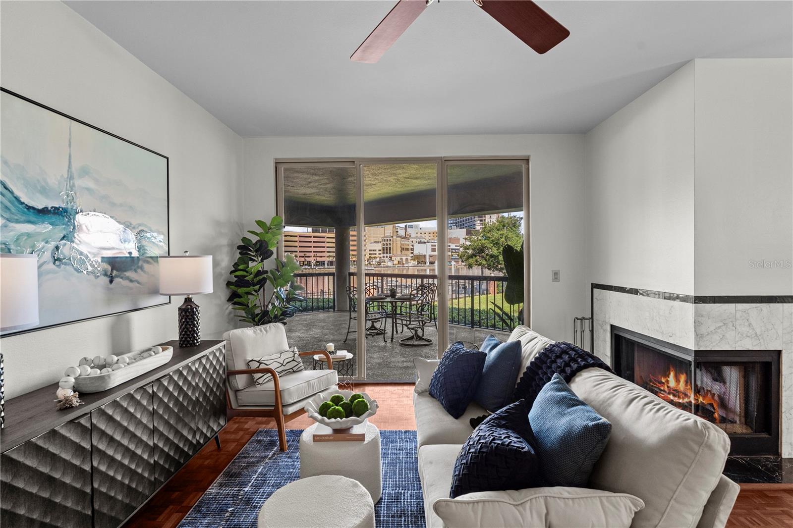 Family room with wood burning fireplace
