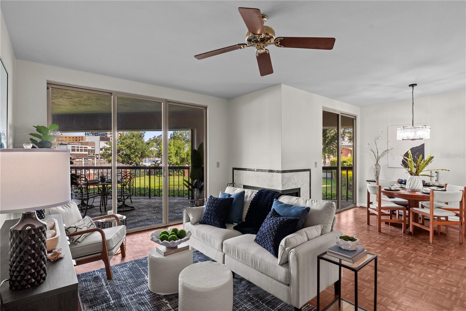 Parquet wood flooring through most of the unit