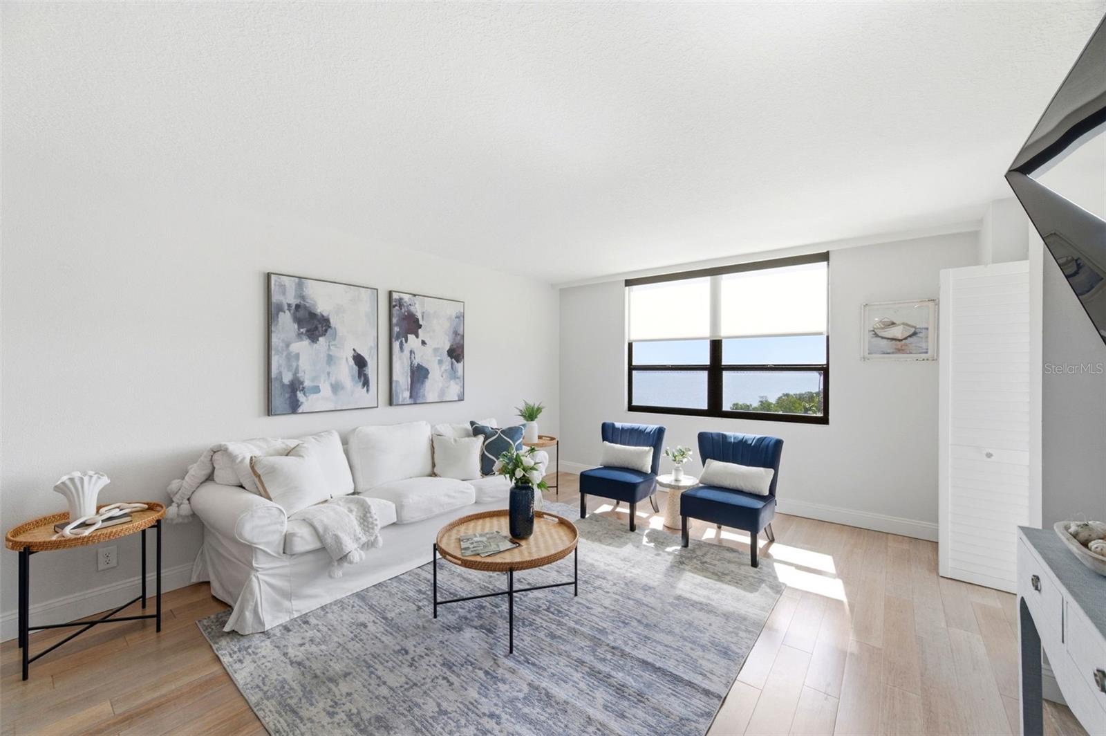 Living room windows have automatic blinds.