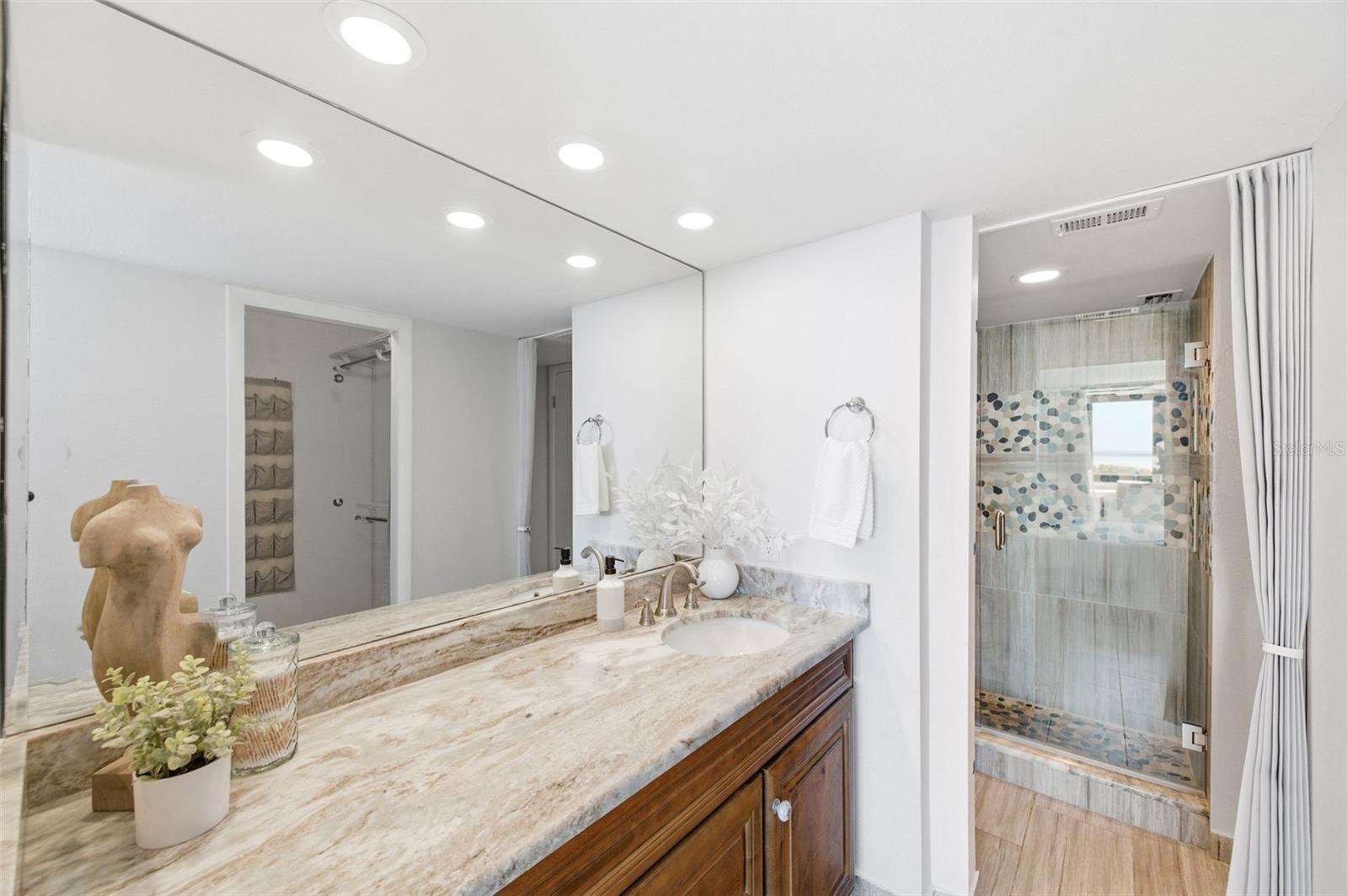 Primary bathroom with separate sink area.