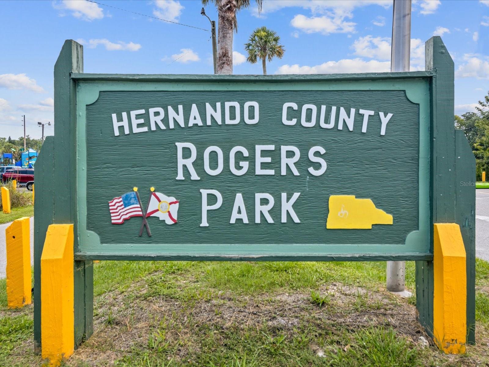 Rogers Park is a riverfront park offering a sandy beach, swimming, boating, and access to the scenic Weeki Wachee River