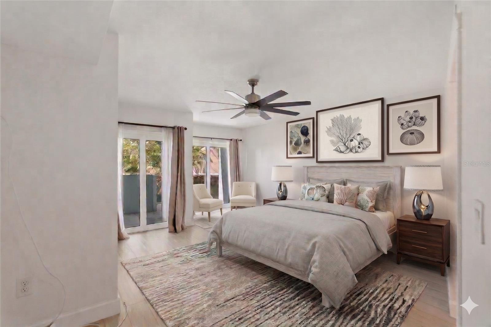 Virtually stage primary suite with en-suite bath and sitting area.