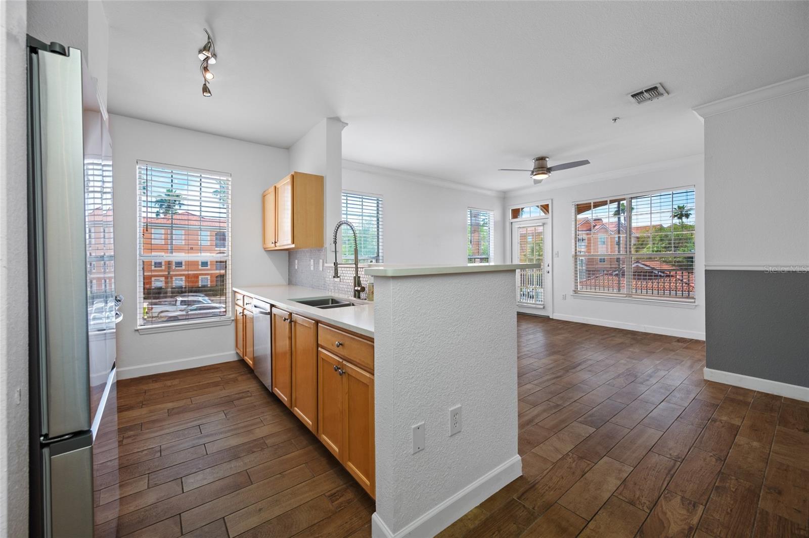 Kitchen overlooking Living Room