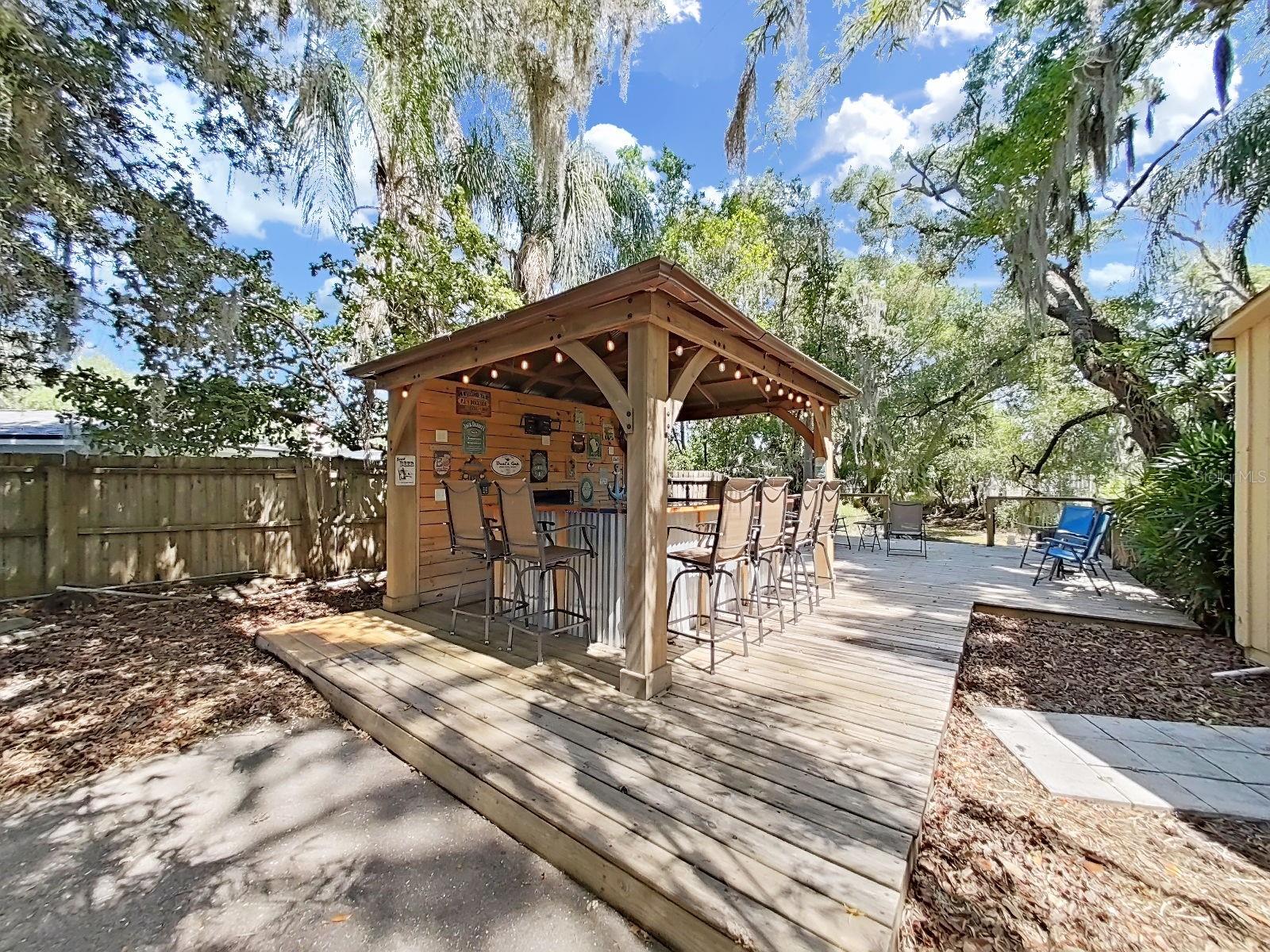 Charming outdoor tiki-style covered bar with string lights, stunning live edge wood bar, linear electric fireplace, tv mount, bar sink & fridge - your very own backyard happy hour spot!