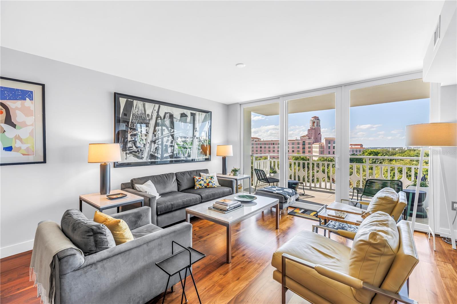 Living area overlooking the patio with a view of the Vinoy Hotel in the background
