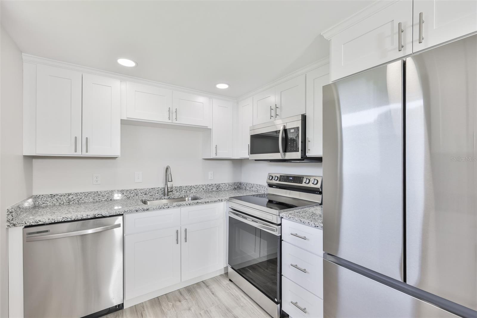 Fully remodeled kitchen with new flooring, new cabinets with crown molding, rich granite countertops, beautiful stainless steel appliances and notice that the fridge does not stick out, it is counter depth!  All very well thought out.