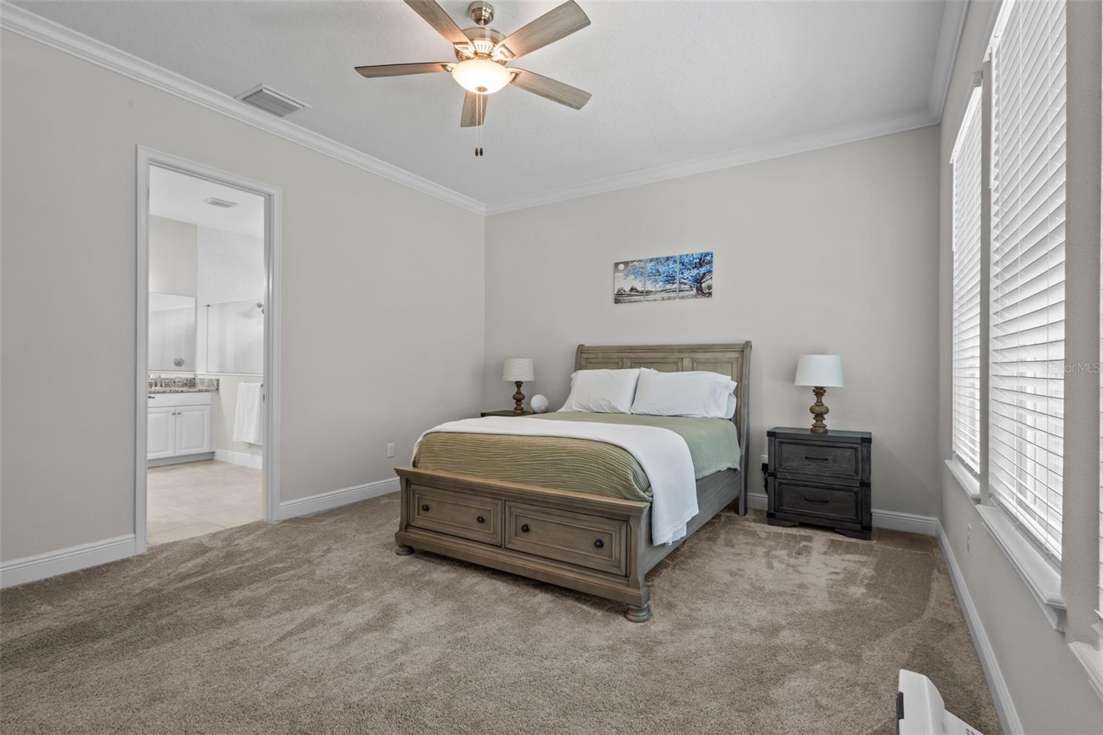 Spacious primary bedroom with high ceilings and peaceful wooded views.