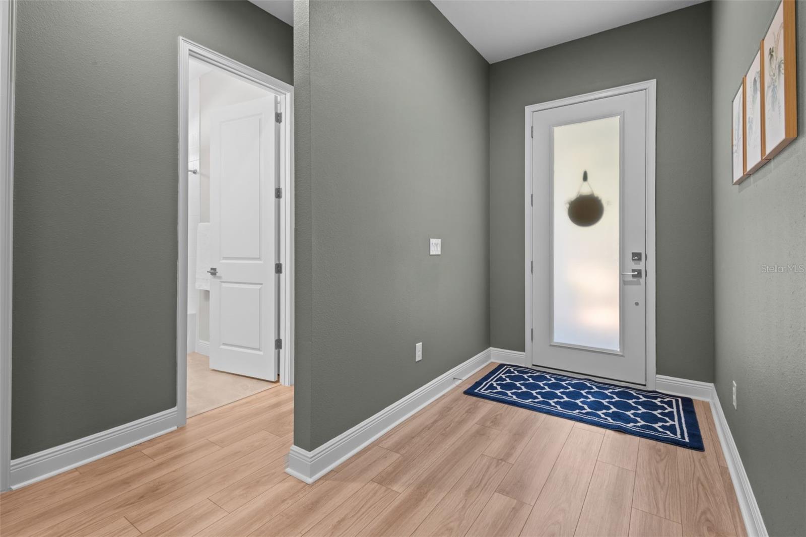 The entry opens to high ceilings and luxury vinyl plank flooring throughout the main living areas.