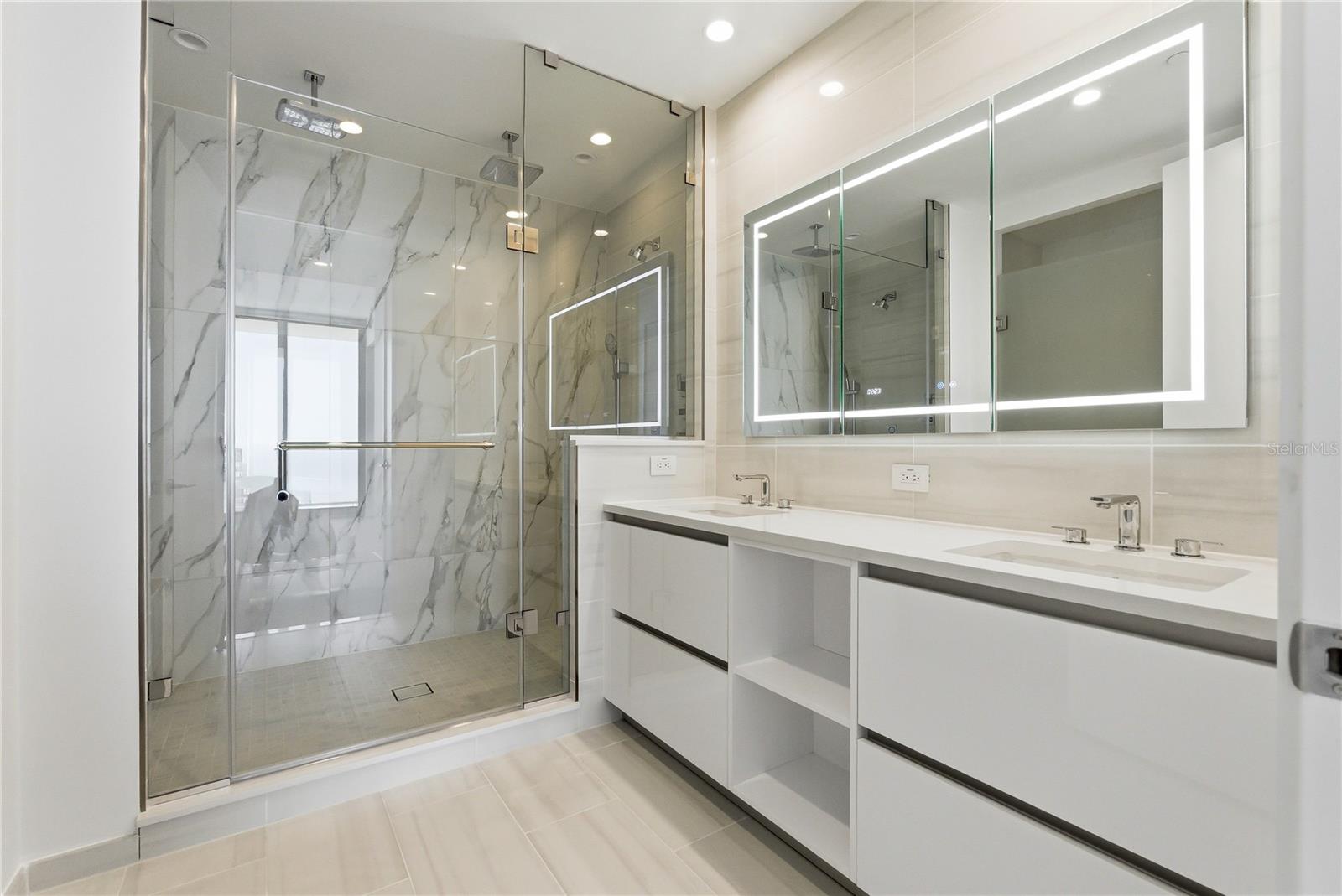 Spa Bath, Dual Vanities with Custom Backsplash