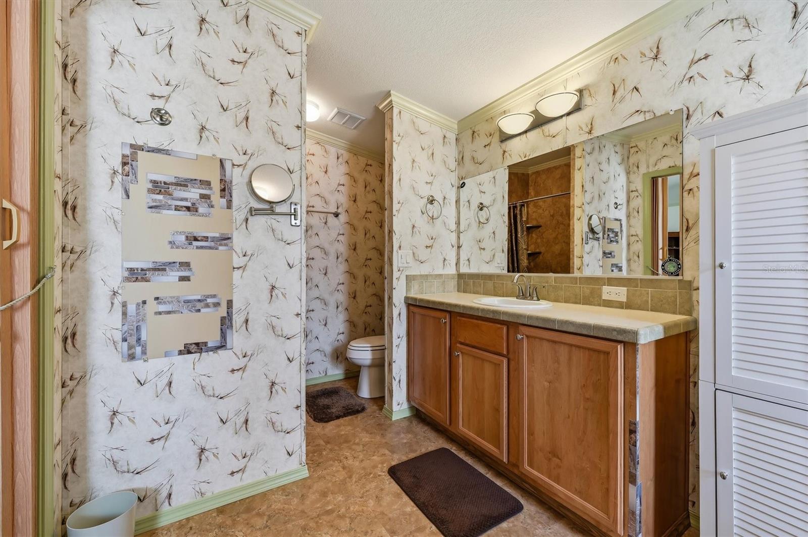 Main bath with single sink giving lots of counter space