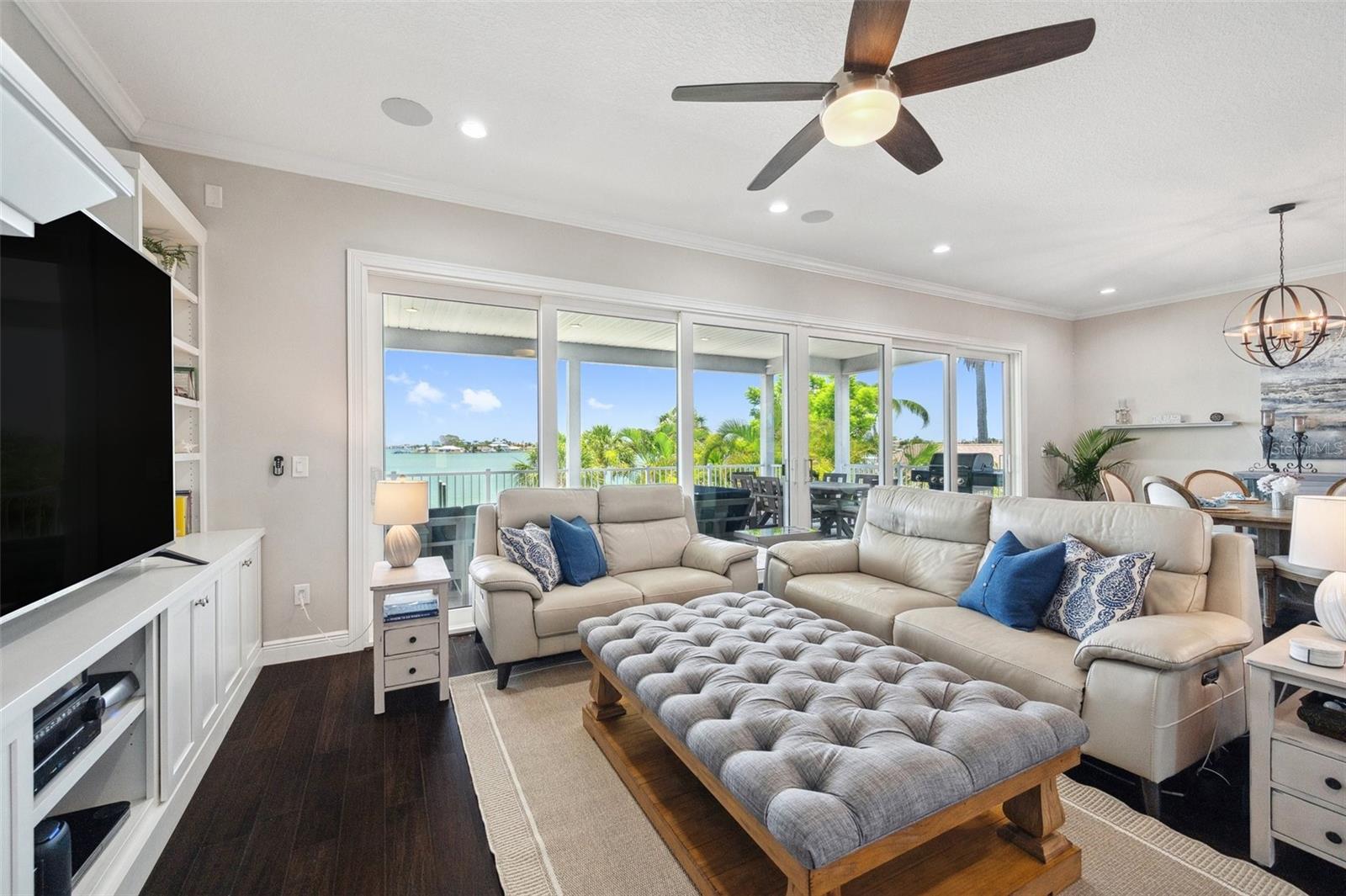 The living room with panoramic water views.