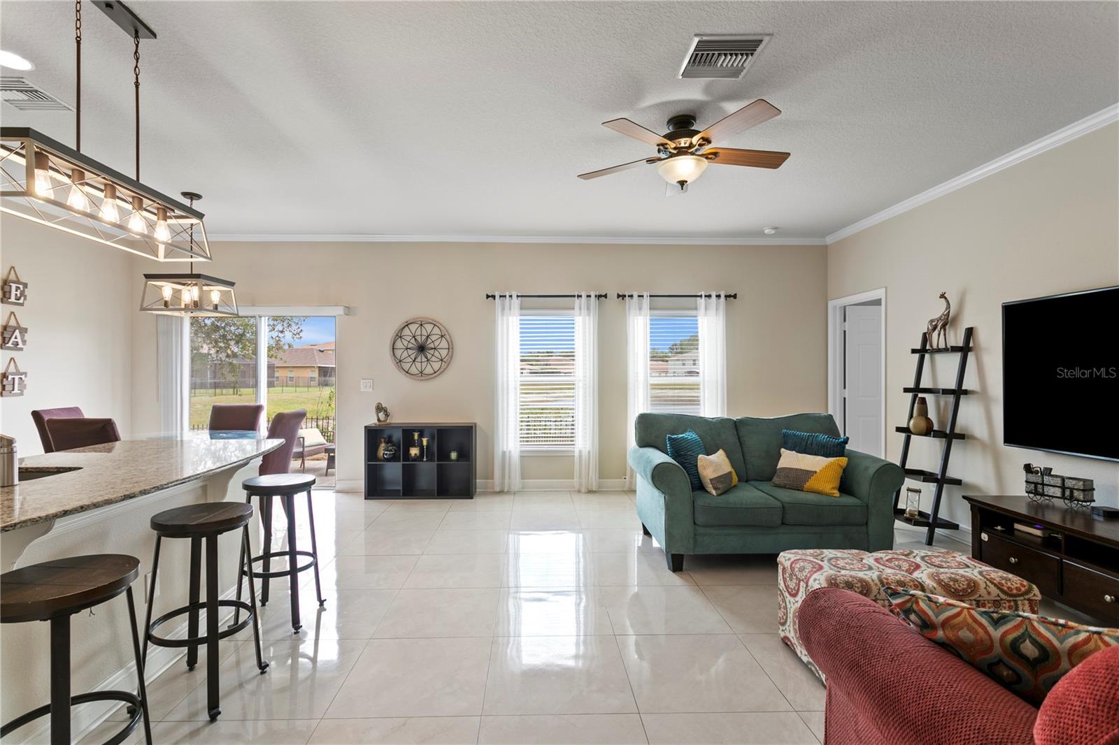 Large kitchen, dinette, and family room in the rear half of the home