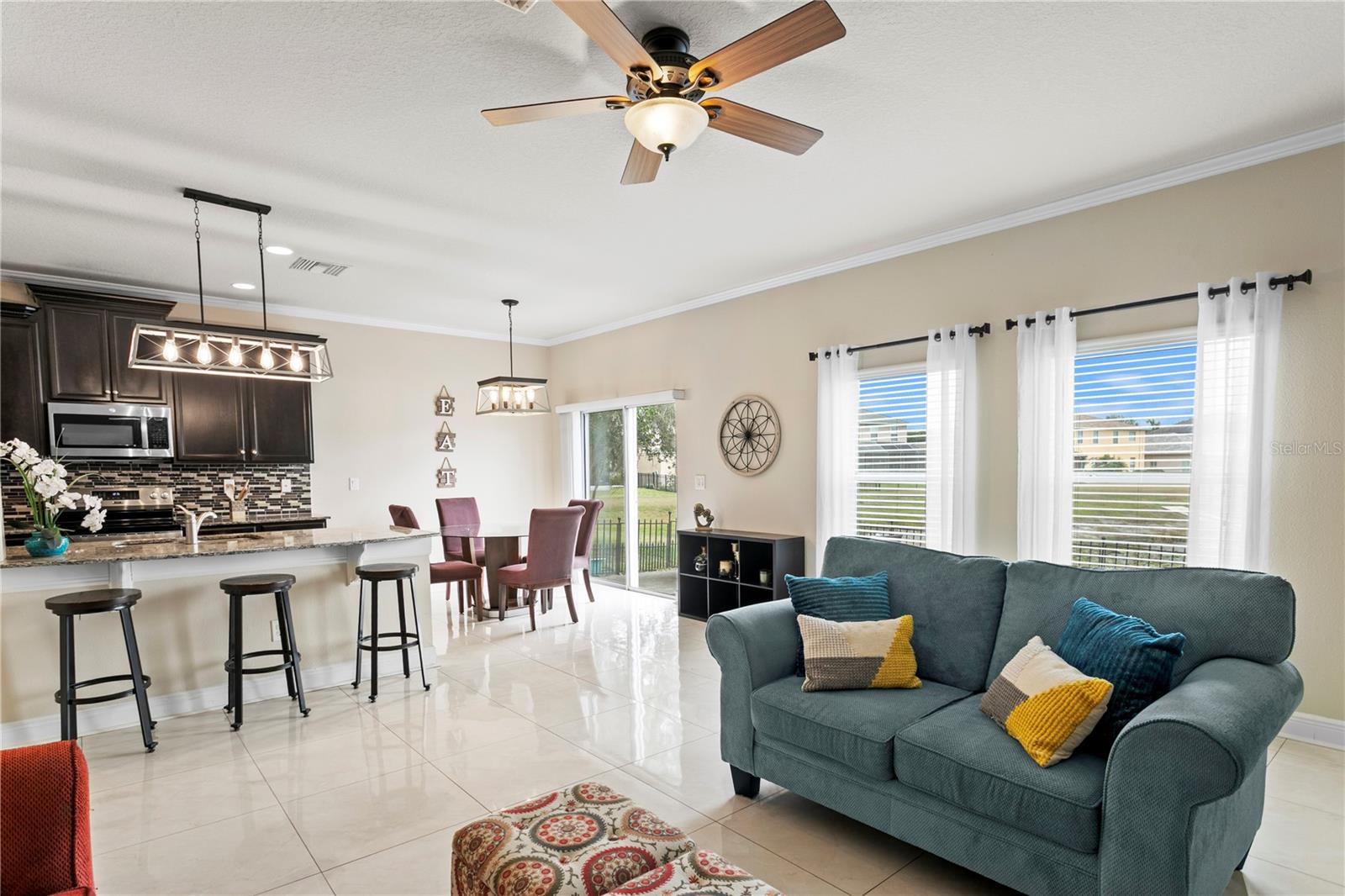 Large family room adjacent to kitchen