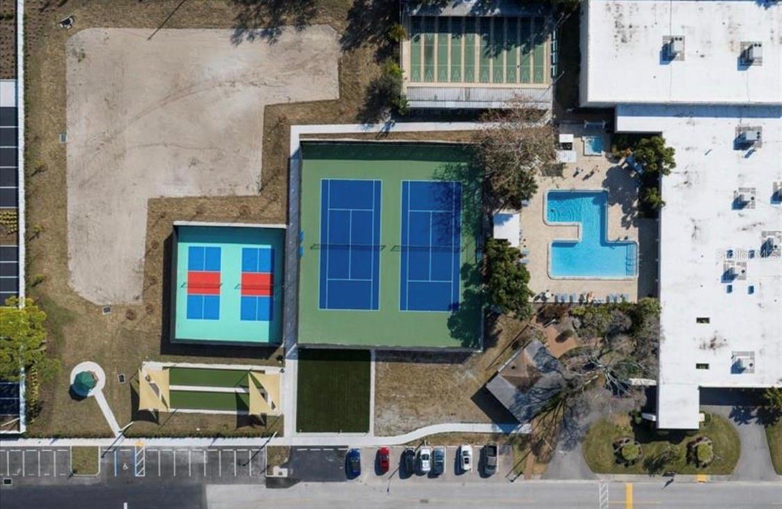 Pickleball and tennis courts with Pool and Spa