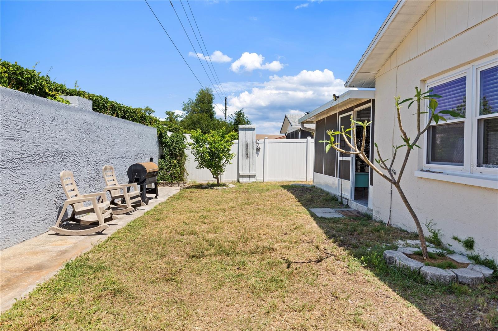 Back year with vinyl private fence on both sides